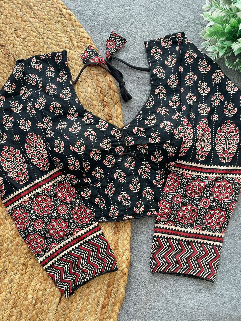 TRENDBUY Ajrakh V Neck Padded Blouse for Women in Black