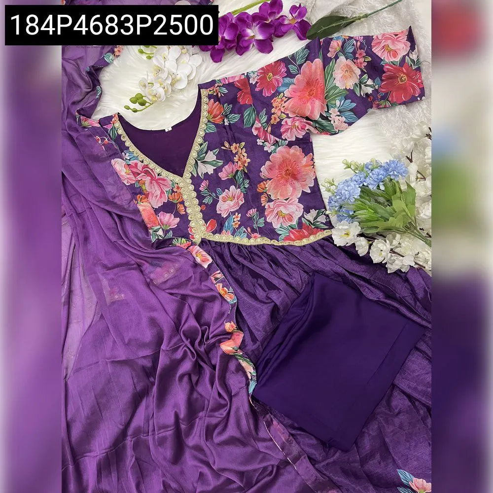 Artistic flat lay of TRENDBUY Alia Cut Flared Chinon Kurti Set with decorative flowers, showcasing the vibrant purple.