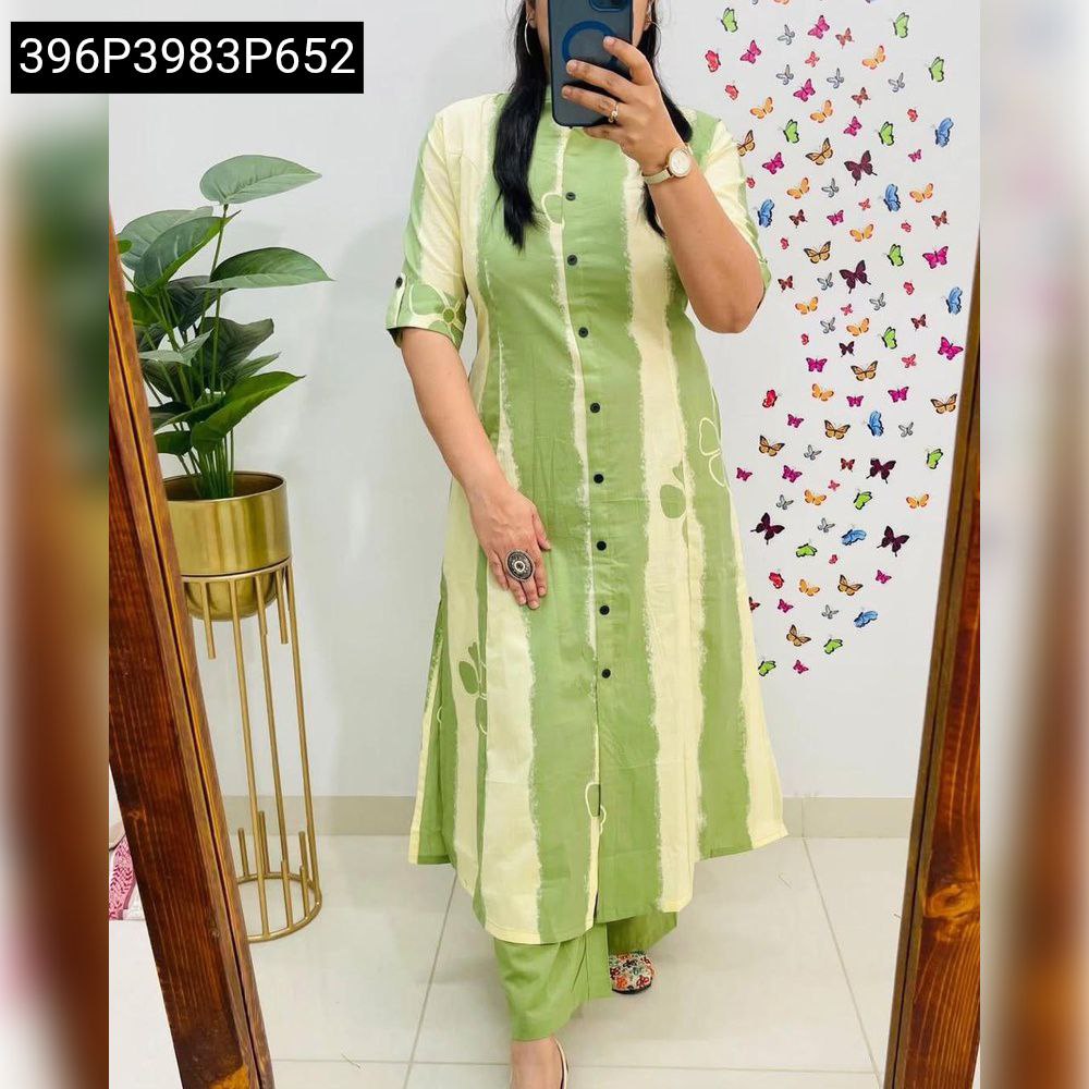Women's Lime Green and Off-white striped Aline kurti with ankle length pant set, full view