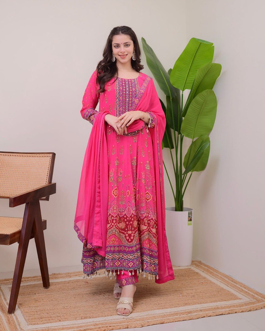 Woman smiling in a stylish pink Anarkali suit with intricate embroidery, full view.
