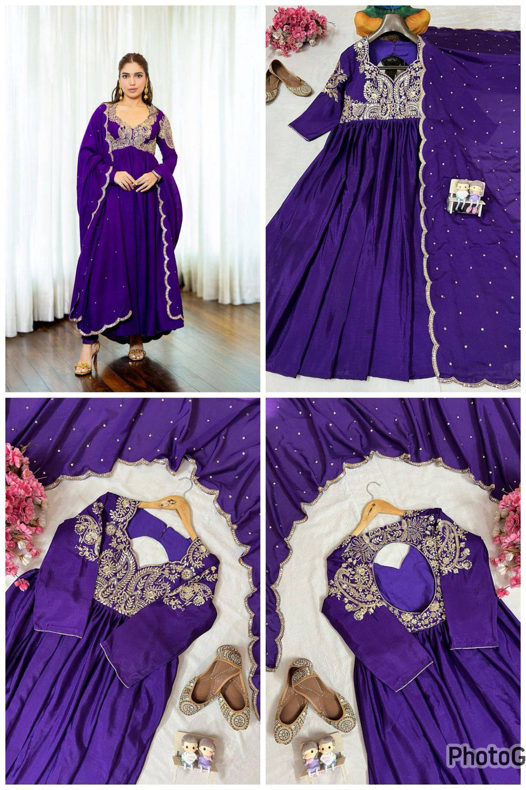 Full shot of model wearing elegant purple Chinon Silk Anarkali Gown with embroidered bodice and matching dupatta.