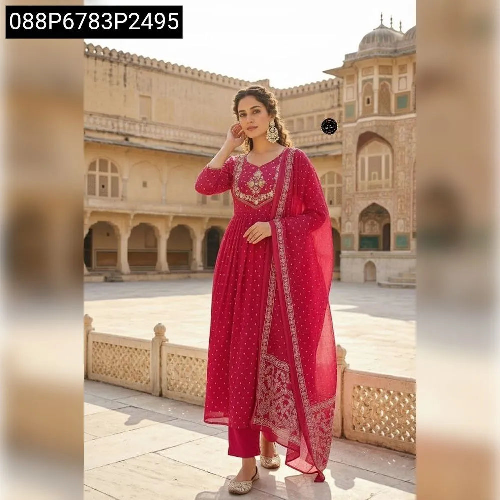 TRENDBUY Women's Fuchsia Pink Anarkali Embroidered Flared Kurta Set with Dupatta and Pant