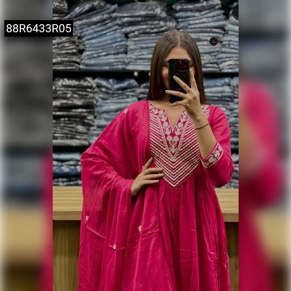 Women's Fuchsia Anarkali Kurta Set with Embroidery, Model showcasing outfit