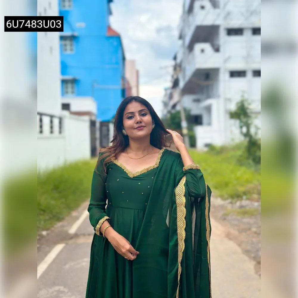 TRENDBUY Green Sparkling Georgette Anarkali Gown with Handwork, full view model looking front