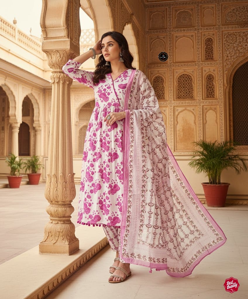 TRENDBUY model showcasing the elegance of the White and Pink Floral Anarkali Kurti Pant Set with Dupatta.