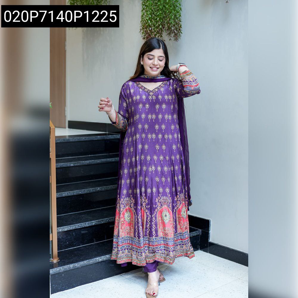 Full body shot of a model elegantly posing in the purple Anarkali kurti set, displaying its flowing silhouette.