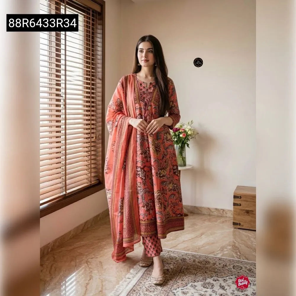 TRENDBUY Peach Floral Print Anarkali Kurti Set for Women, full view, model posing gracefully by window