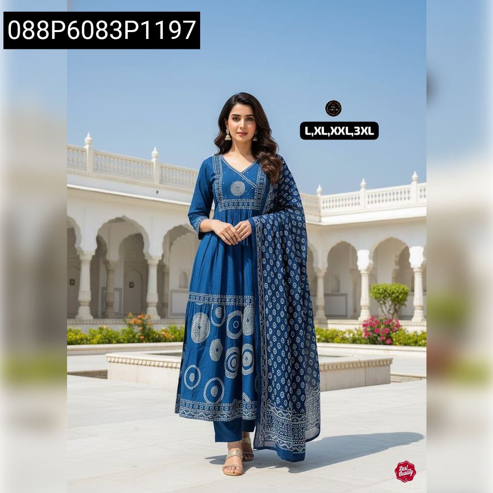 Royal Blue Women's Anarkali Kurti Set with Sequence Embroidery, full body model shot in outdoor setting.