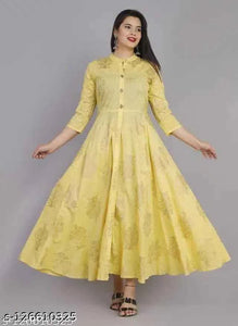 Anarkali Rayon Printed Kurti for Women (Yellow, L) – Stylish Ethnic Wear
