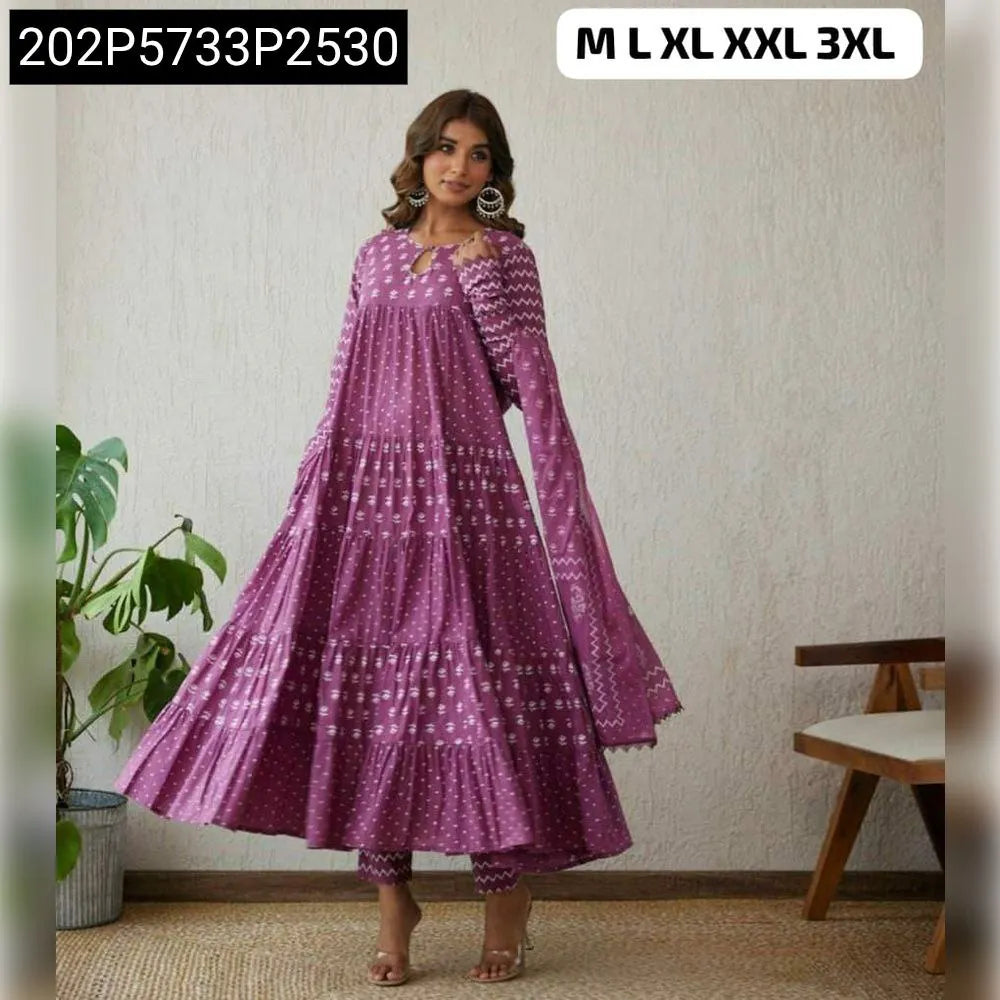 Full body shot of a model wearing the TRENDBUY Mauve Purple Cotton Tiered Anarkali Set, showing the graceful flare and full ensemble.