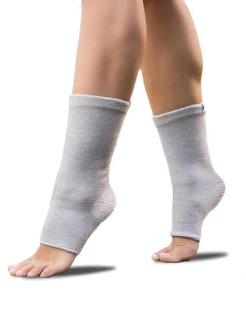 Black compression ankle support sleeve for plantar fasciitis, arch support, & Achilles swelling.