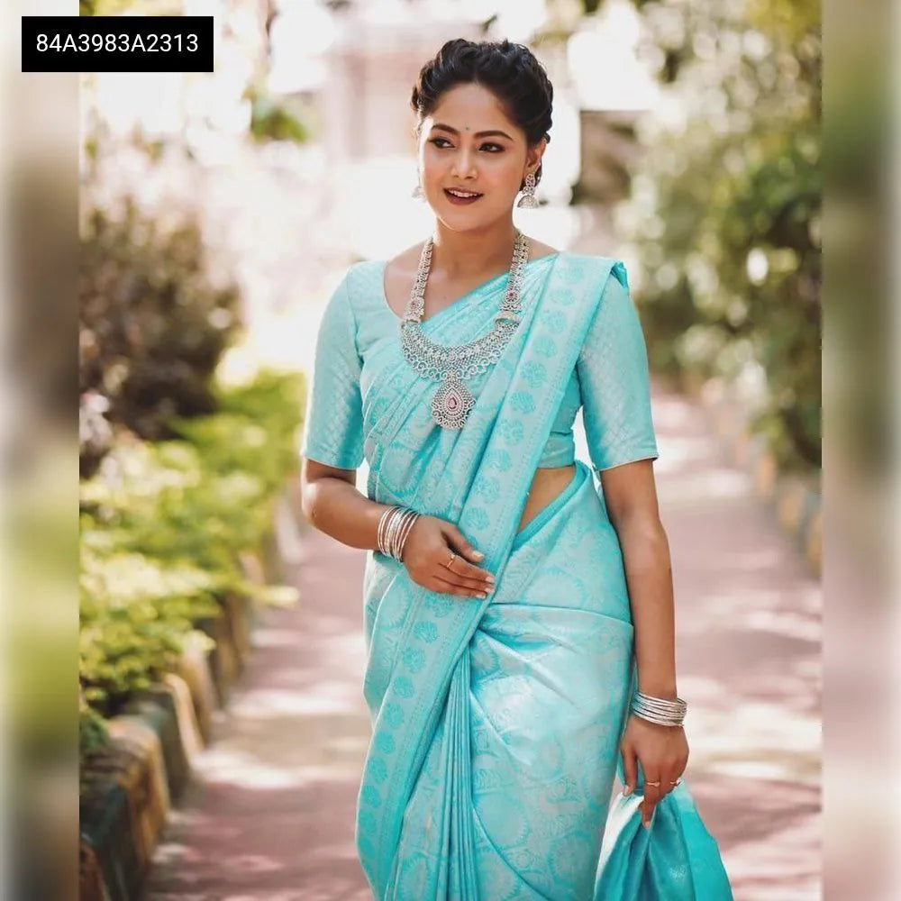 Full shot of model in Aqua Blue Lichi Silk Jacquard Saree, front view