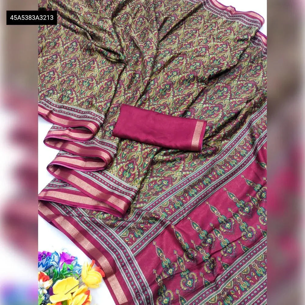 TRENDBUY Maroon Arjak Print Malai Cotton Saree with Fancy Flower Pallu and Blouse Piece