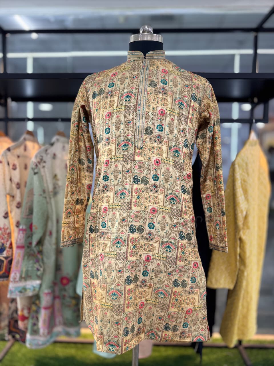 TRENDBUY Men's Beige Multi-Print Art Silk Kurta Pajama for Festivals