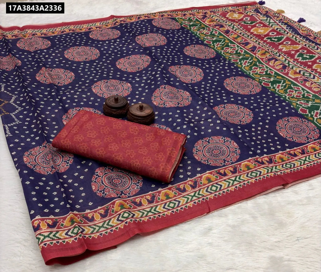 TRENDBUY Navy Blue Cotton Slub Saree with intricate ikkat digital print, zari border, and matching contrast blouse piece, flat lay.