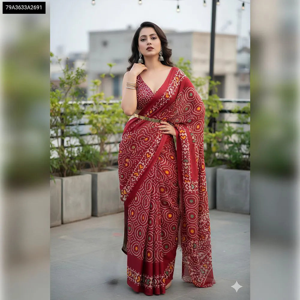 Woman in a crimson red Dola silk saree with all-over circular batik print, accessorized with a gold belt, posing outdoors.