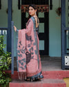 Premium Dusty Pink Linen Saree with Artistic Face and Bird Prints