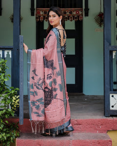 Premium Dusty Pink Linen Saree with Artistic Face and Bird Prints
