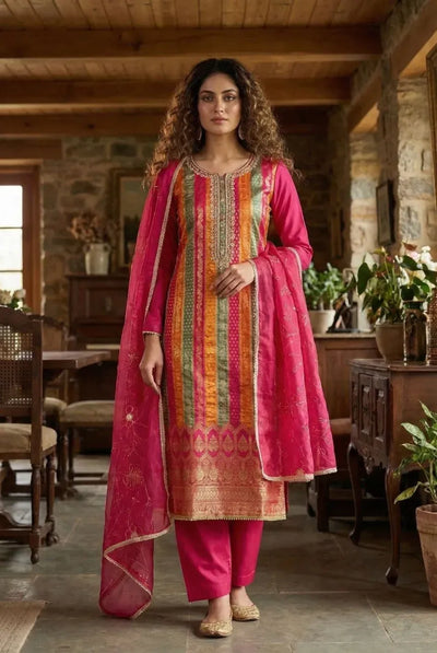 Authentic Banarasi Jacquard Suit Set - Handwork & Organza Dupatta