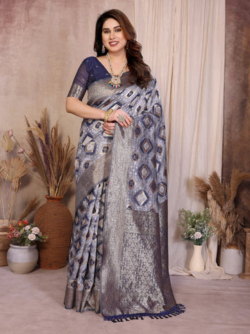 Authentic Blue Cotton Spun Saree - Jacquard Zari Weaving for Women