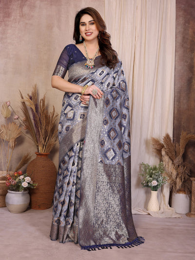 Authentic Blue Cotton Spun Saree - Jacquard Zari Weaving for Women