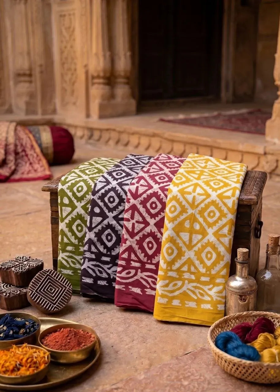 Four folded cotton batik sarees in green, purple, red, and yellow on a wooden chest with craft items