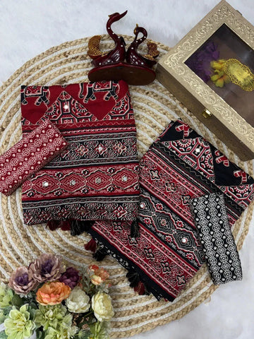 Authentic Crepe Silk Saree - Ajarakh Print with Zari & Mirror Work for Festive Wear