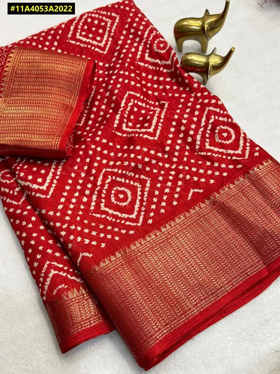 Authentic Dola Silk Saree - Traditional Bandhani Print with Zari Border for Festive Wear