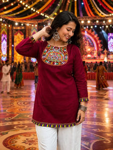 Authentic Gamthi Work Short Kurti for Women - Festive Mirror Work Tops