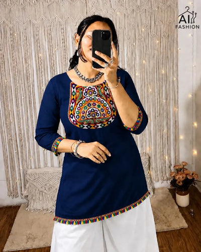 Authentic Gamthi Work Short Kurti for Women - Festive Mirror Work Tops