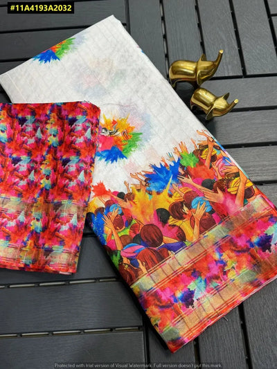 Authentic Handloom Silk Saree - Vibrant Holi Design for Women