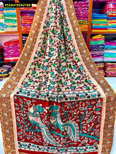 Authentic Kalamkari Nellore Silk Saree - Handcrafted Jari Border for Festive Wear