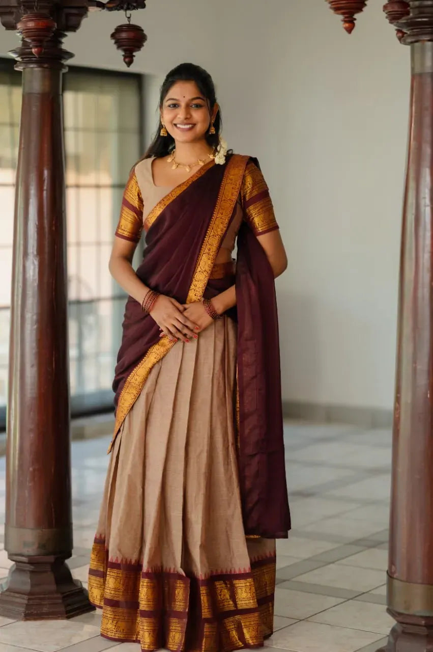 Premium Cream and Maroon Kanchi Cotton Lehenga with Zari Weaving