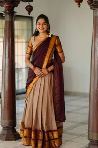 Premium Cream and Maroon Kanchi Cotton Lehenga Choli with Traditional Zari Weaving for Festive Celebrations