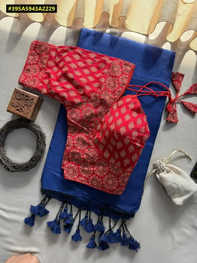 Authentic Khadi Cotton Saree - Exquisite Ajrakh Blouse for Festive Wear