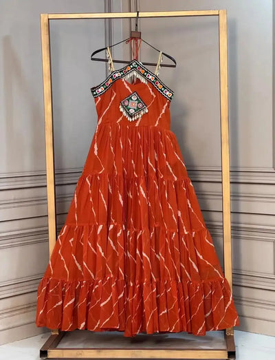 Authentic Laheriya Print Georgette Gown with Kutchi Patchwork for Festive Wear