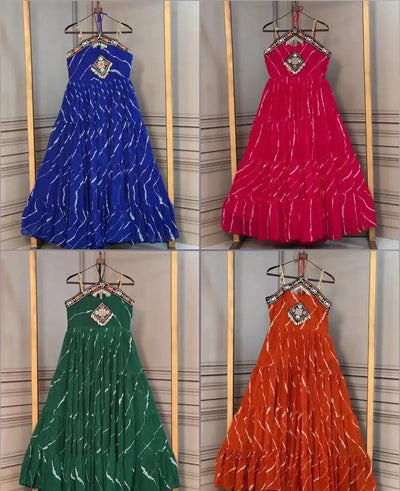 Authentic Laheriya Print Georgette Gown with Kutchi Patchwork for Festive Wear