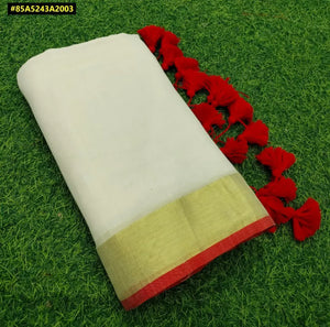 Authentic Pure Cotton Saree - Lightweight & Soft with Tassels for Festive Wear