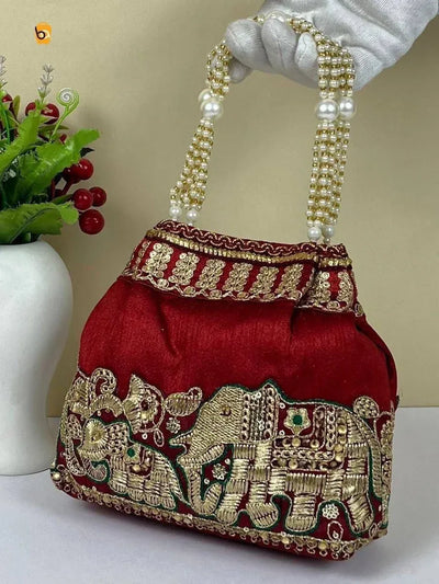 Authentic Raw Silk Potli Bag - Handcrafted Embroidery & Pearl Handle for Ethnic Festive & Wedding Wear