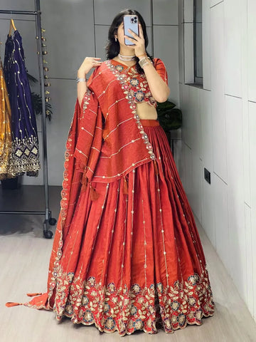 Authentic Rust Orange Embroidery Lehenga - Traditional Work for Wedding & Festive Wear
