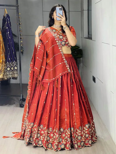 Authentic Rust Orange Embroidery Lehenga - Traditional Work for Wedding & Festive Wear