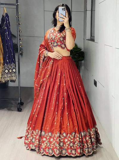 Authentic Rust Orange Embroidery Lehenga - Traditional Work for Wedding & Festive Wear