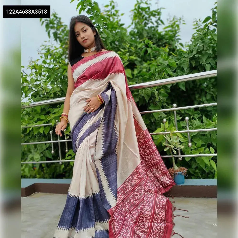 Handcrafted Tussar Silk Saree with Temple Border