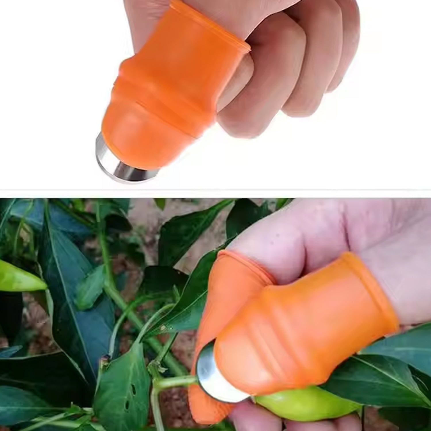 Person using a thumb knife cutter with a silicone finger guard to slice a vegetable.