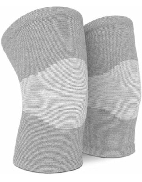 Two pairs of bamboo yarn knee braces for men & women, providing natural support & comfort.