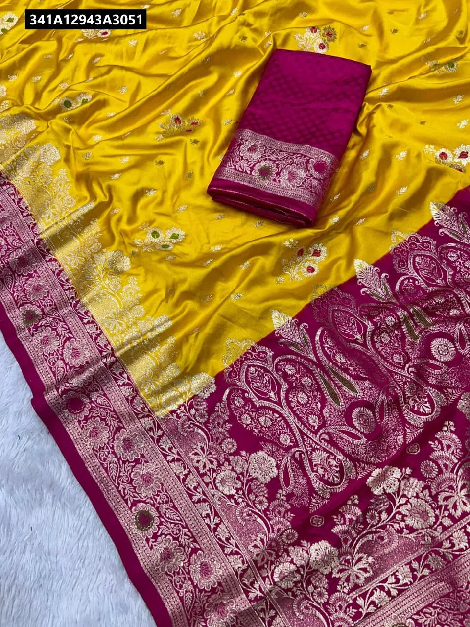 TRENDBUY Banarasi Crepe Sartin Silk Saree in Mustard Yellow with Fuchsia Zari Woven Pallu and Border, flat lay