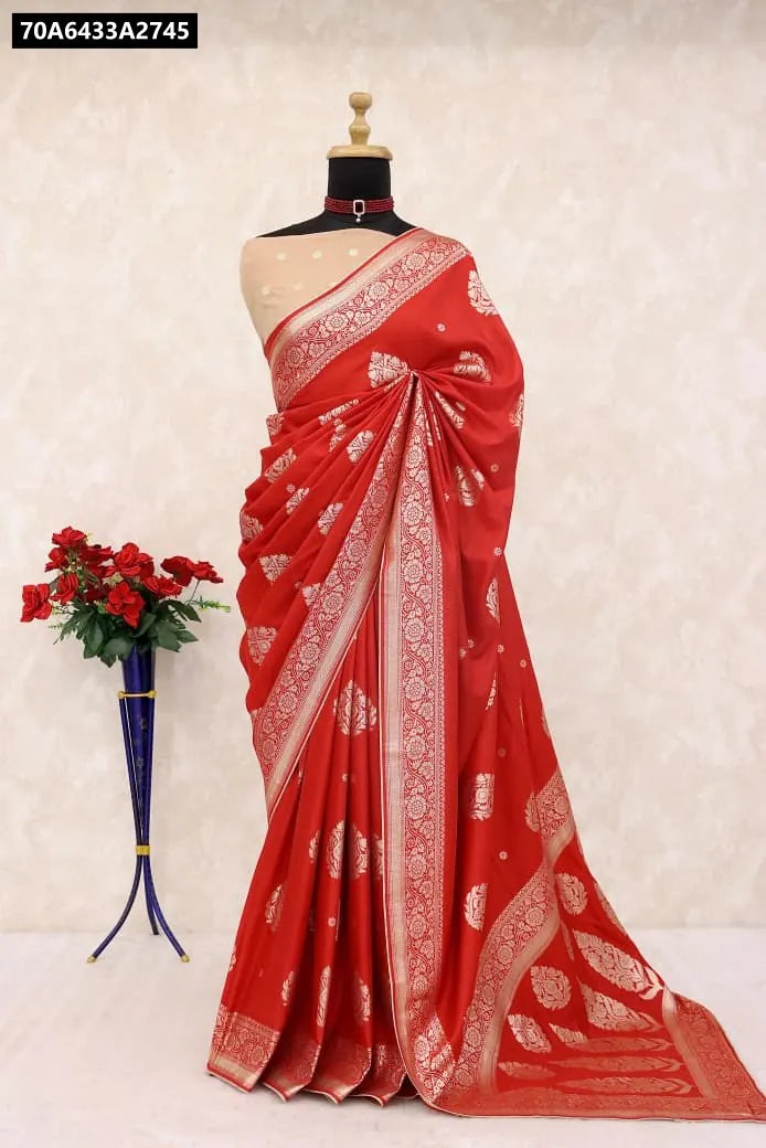 Elegant Red Pure STAPUL Silk Saree with golden Banarasi motifs on a mannequin