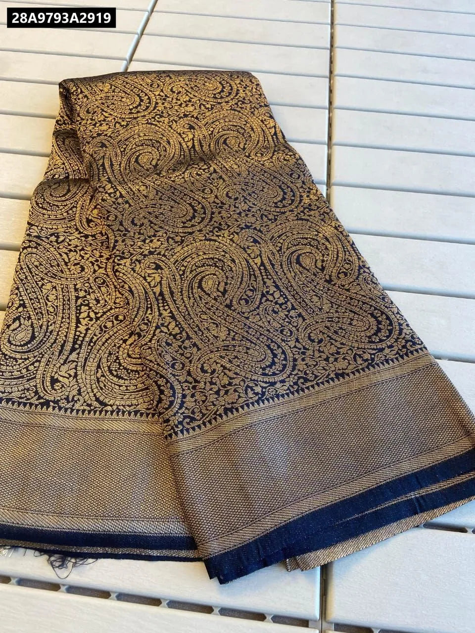 TRENDBUY Dark Blue Banarasi Khadi Silk Saree with gold jaal pattern and border