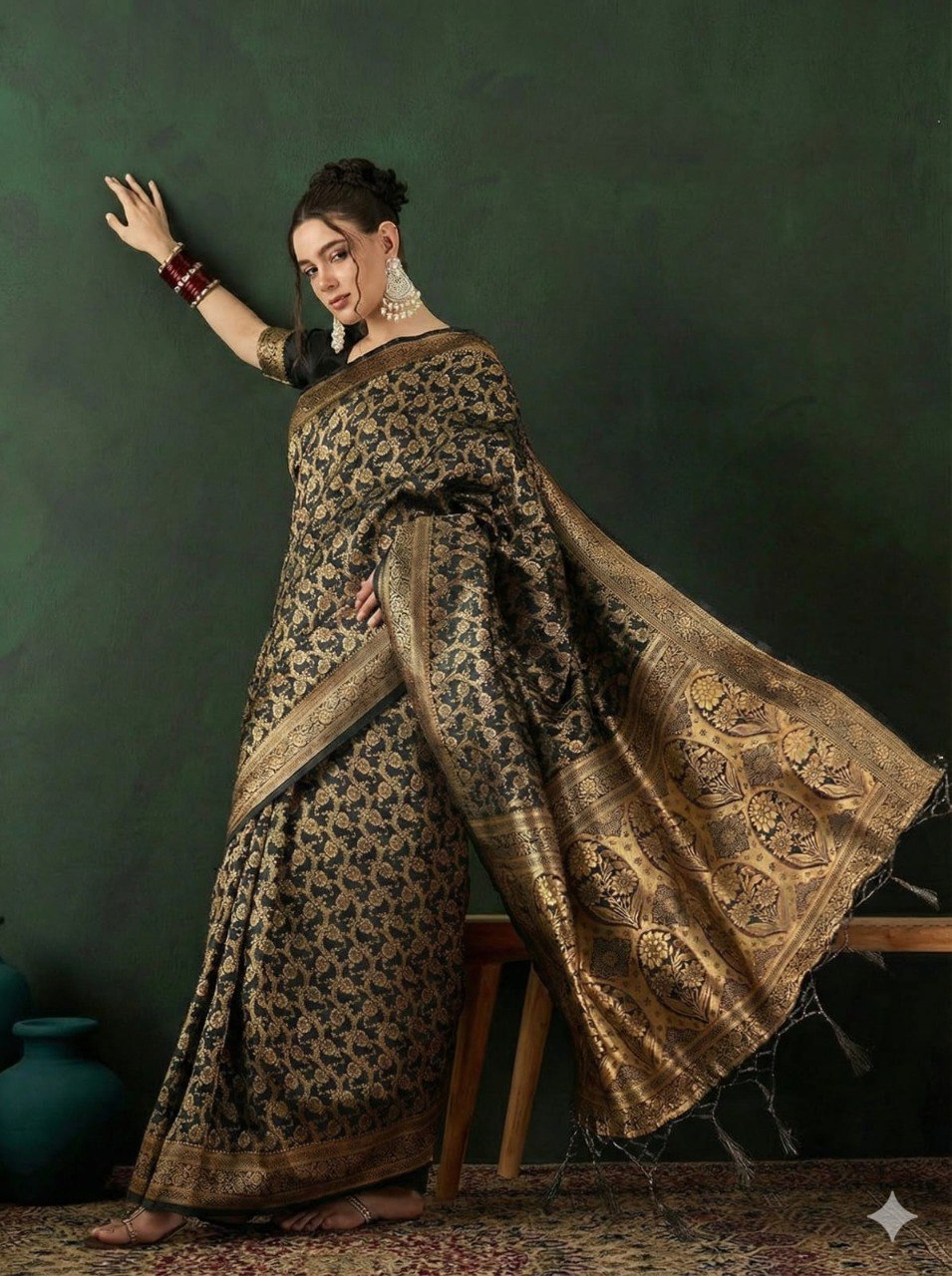 Model showcasing full Banarasi Lichi Silk saree with intricate golden jacquard work
