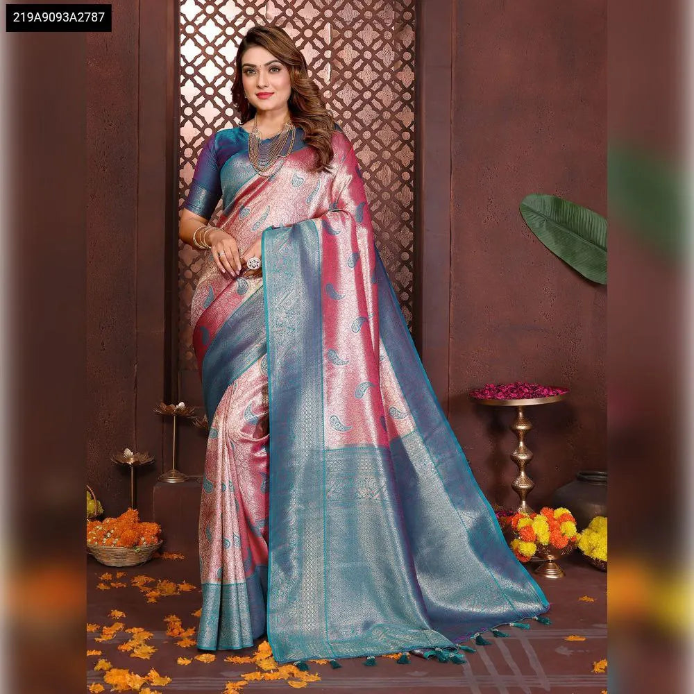 TRENDBUY Premium Pure Banarasi Tissue Silk Saree in Rose Gold and Teal, worn by a model